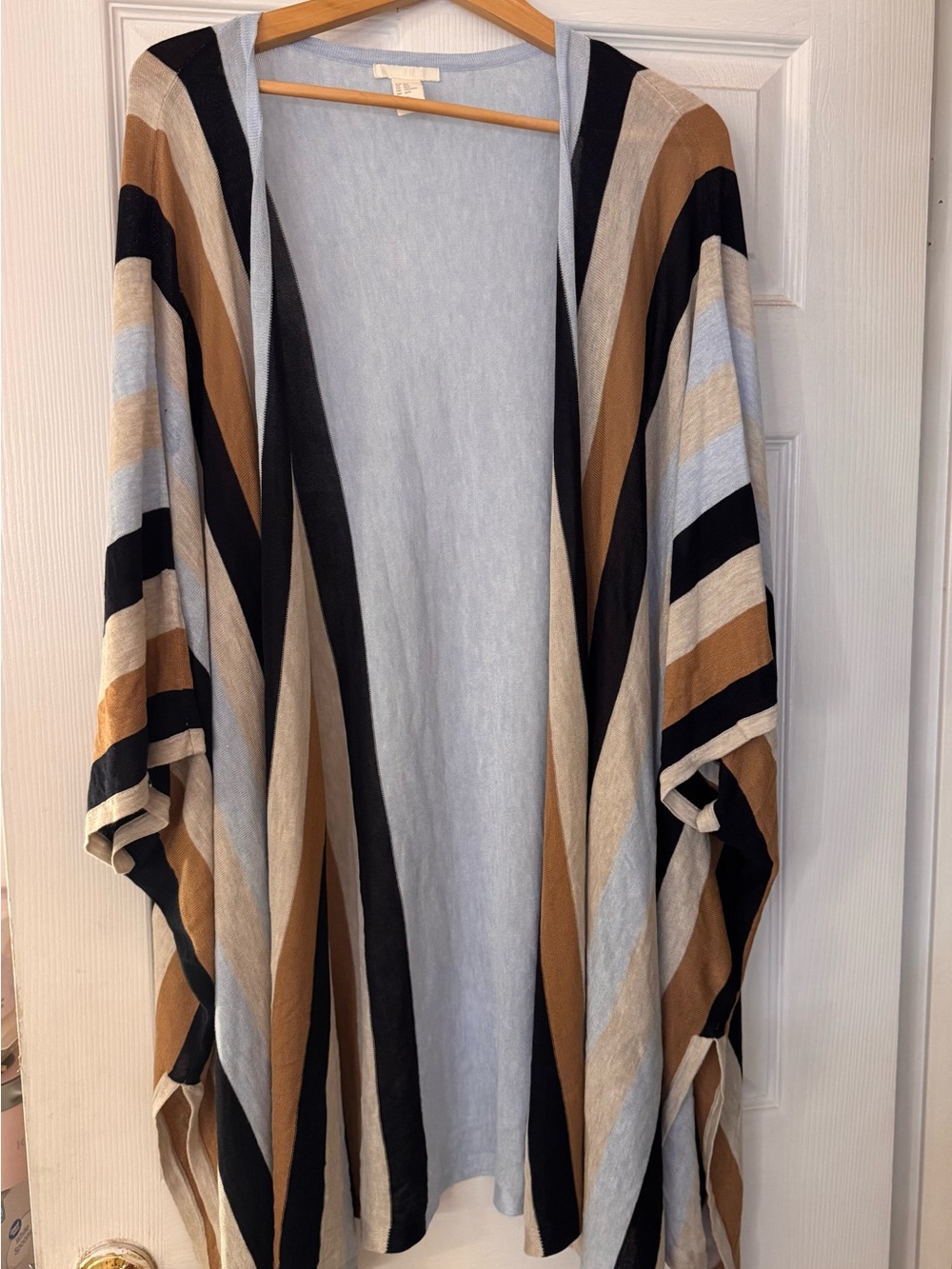 H&M Striped Open-Front Knit Wrap in Light Blue, Black & Brown
